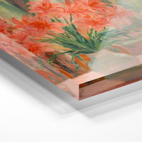 Gros plan de la matière : le tirage sous verre acrylique, tranche transparente visible.