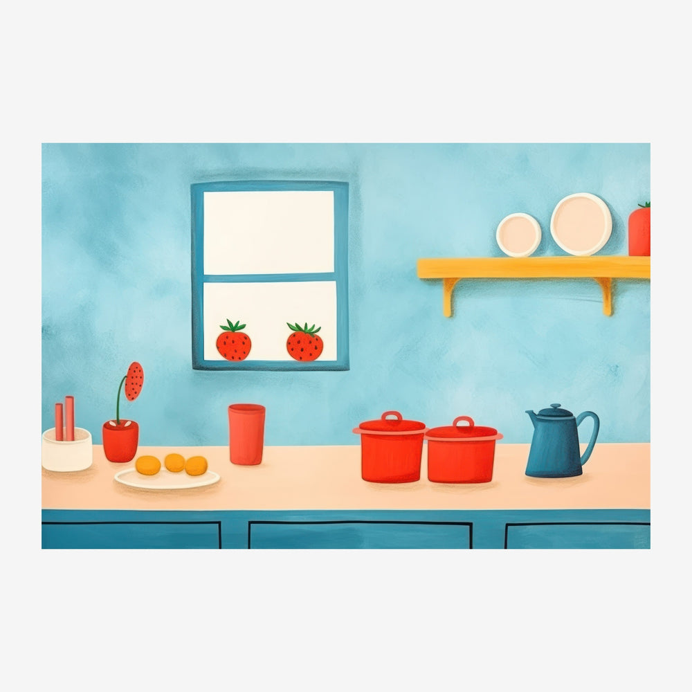 Illustration stylisée d'une cuisine rétro avec murs bleu turquoise, fenêtre aux tomates, étagère jaune, batterie de cuisine.