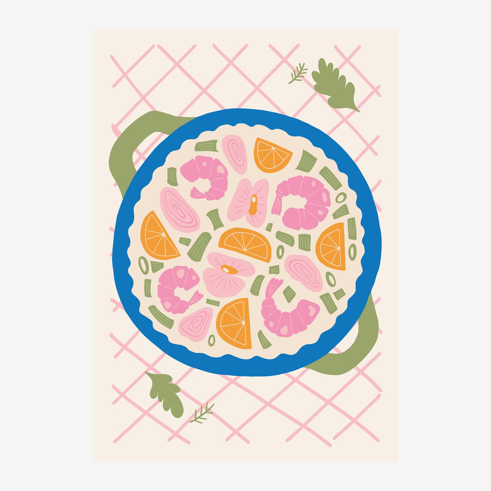 Illustration stylisée d'une pizza garnie de crevettes roses, rondelles d'orange et herbes, cernée d'un anneau bleu sur fond.