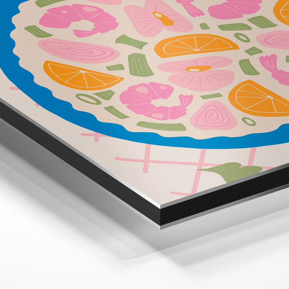 Gros plan de la matière : le tirage contrecollé sur aluminium Dibond mat, tranche visible.