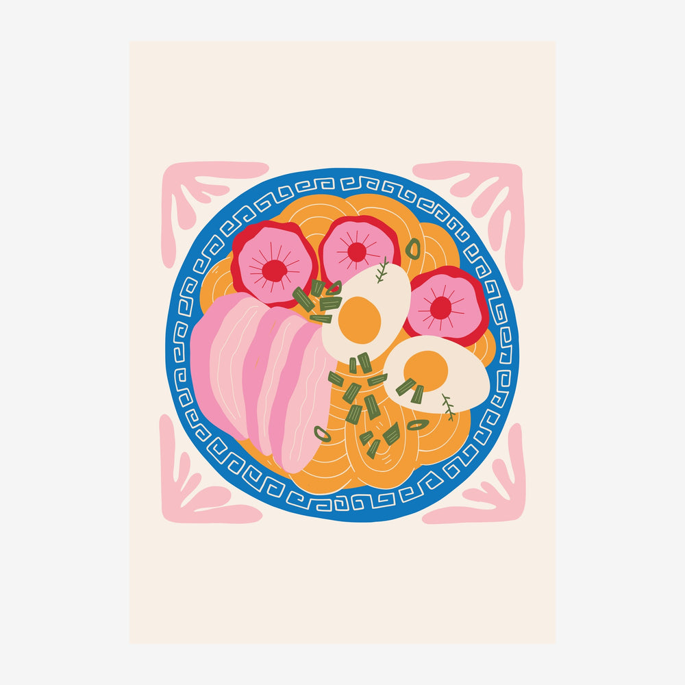 Illustration pop art rétro représentant des ananas roses, des oranges et des fleurs colorées arrangés dans un cadre.