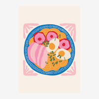 Illustration pop art rétro représentant des ananas roses, des oranges et des fleurs colorées arrangés dans un cadre.