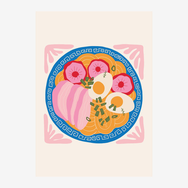 Illustration pop art rétro représentant des ananas roses, des oranges et des fleurs colorées arrangés dans un cadre.