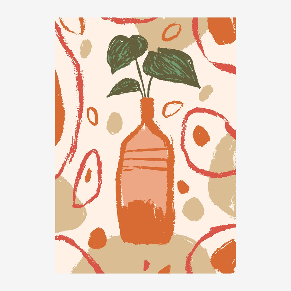 Composition abstraite avec un vase terracotta contenant des feuilles vertes, entourée de formes géométriques colorées en.