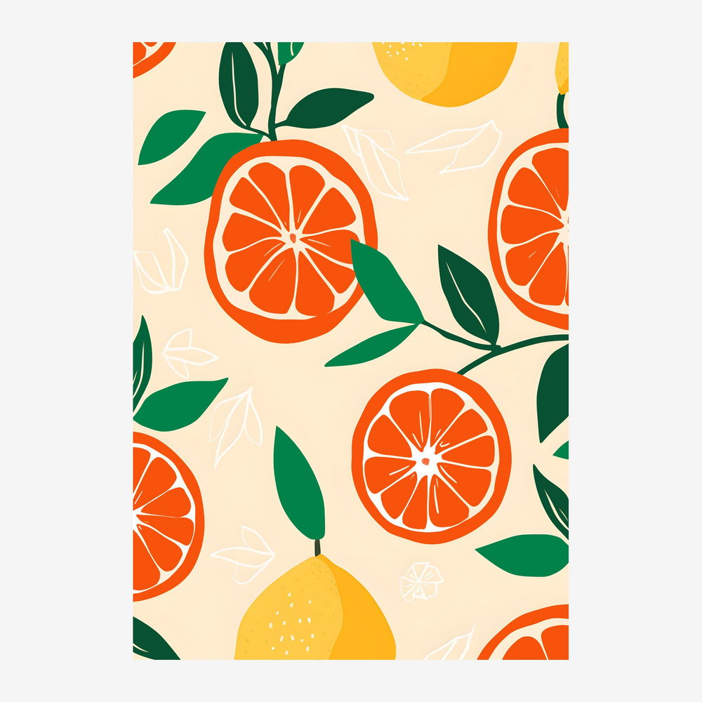 Affiche avec des agrumes stylisés (oranges tranchées, citron entier) et feuillages verts sur fond crème, aux contours nets.