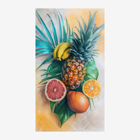 Composition de fruits tropicaux : ananas central avec couronne verte, bananes jaunes, tranches d'agrumes rose et orange.