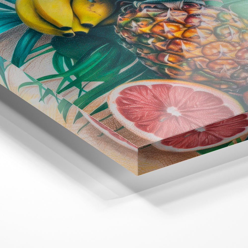 Gros plan de la matière : le tirage sous verre acrylique, tranche transparente visible.