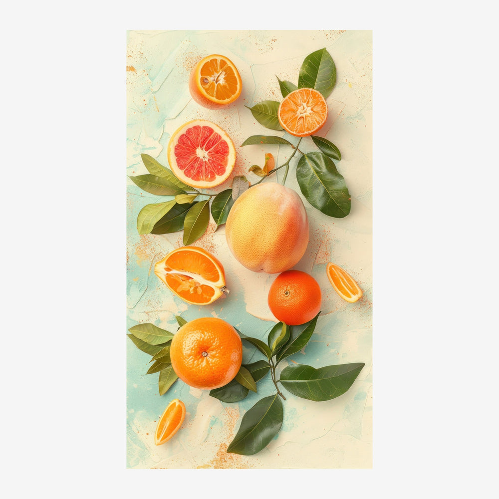 Composition avec oranges, pamplemousse rose et citron frais, tranchés et entiers, accompagnés de feuilles vertes sur fond.