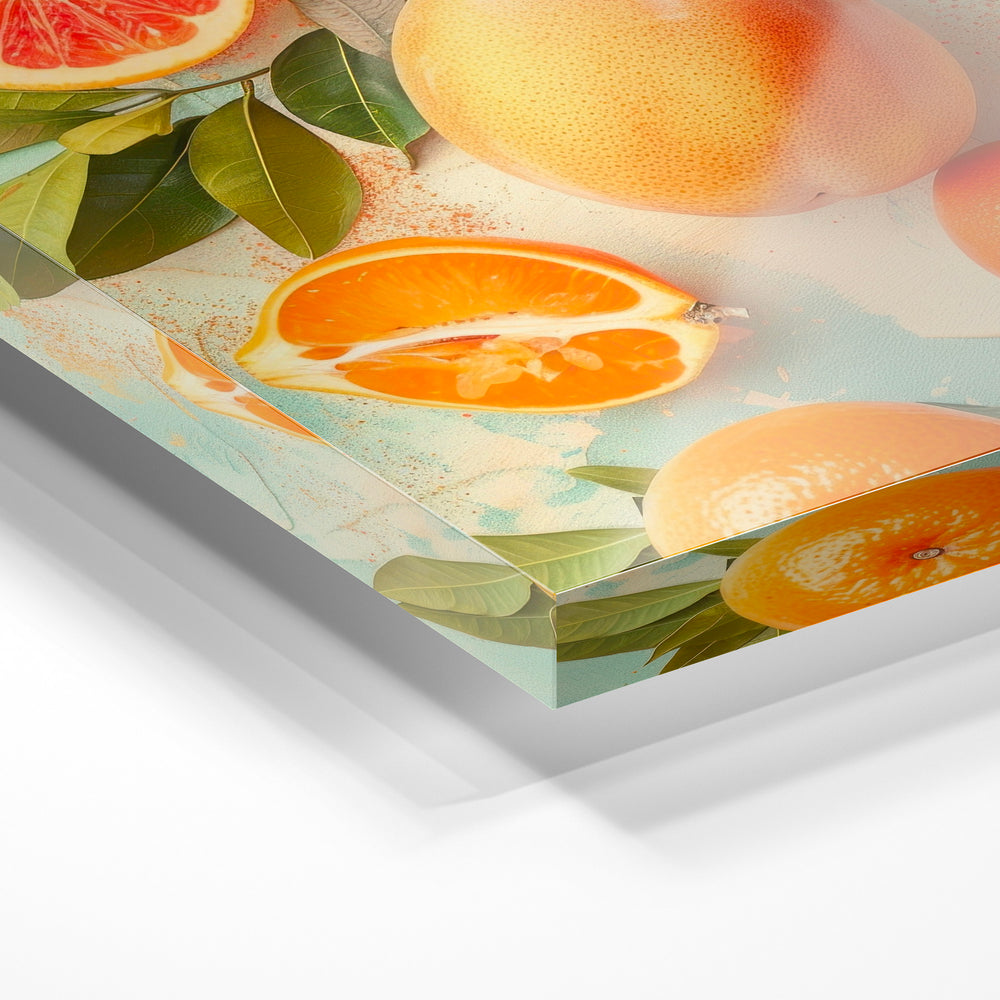 Gros plan de la matière : le tirage sous verre acrylique, tranche transparente visible.