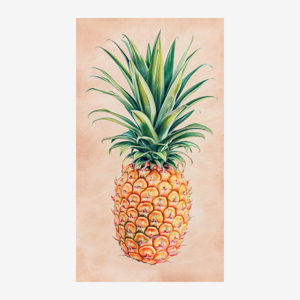 Illustration botanique d'un ananas aux teintes dorées avec sa couronne de feuilles vertes sur fond beige.