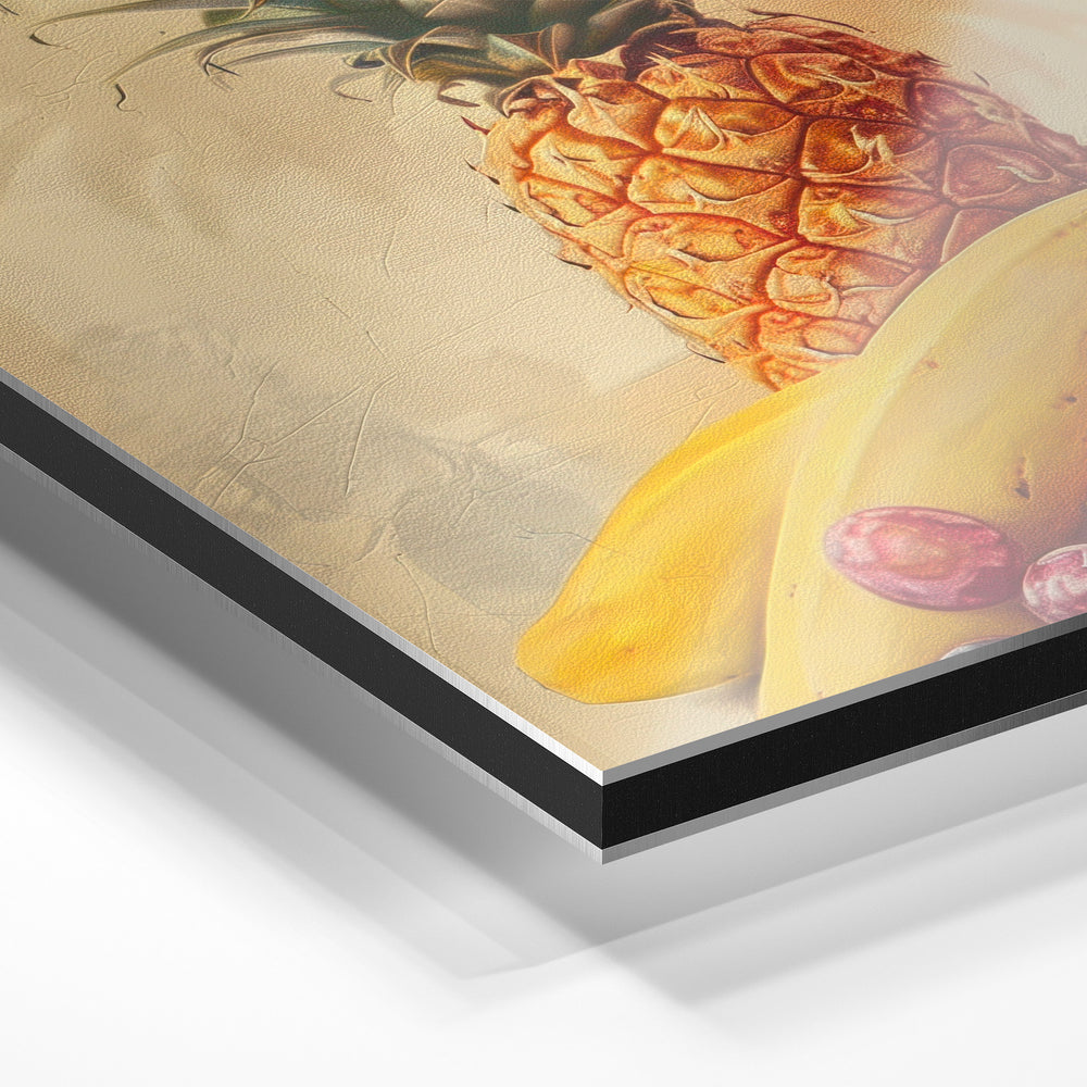 Gros plan du relief : la surépaisseur d'encre en lumière rasante sur aluminium Dibond.