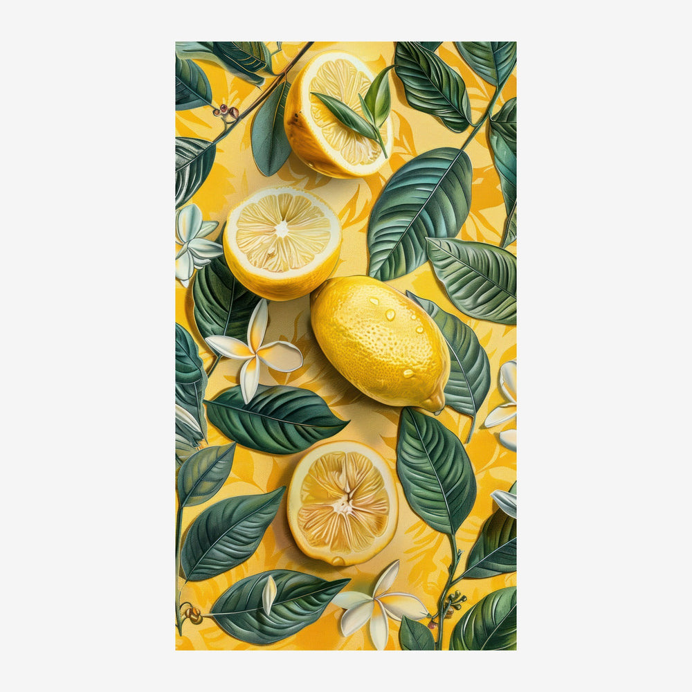 Composition de citrons entiers et tranchés alternant avec des feuilles vert foncé et de petites fleurs blanches sur un fond.