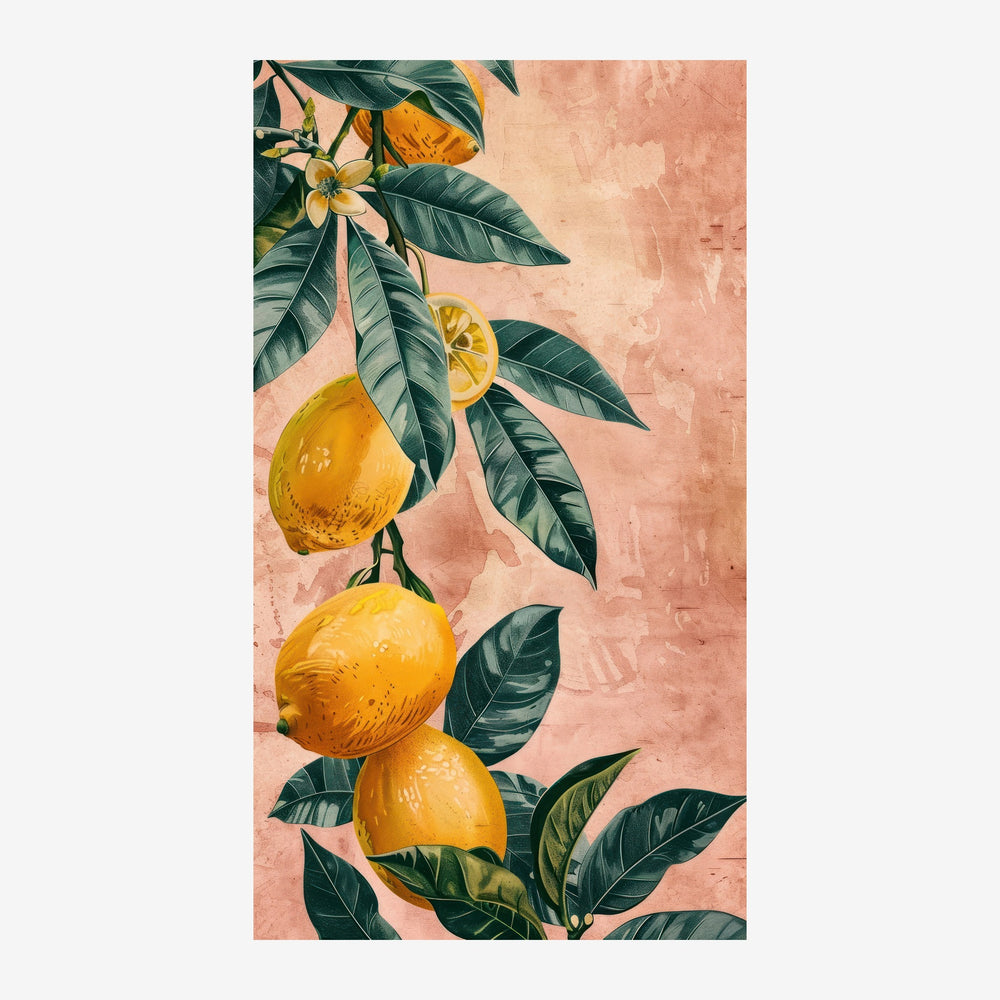 Illustration d'une branche de citronnier avec citrons jaunes et feuilles vertes sur un fond rose-terracotta texturé.