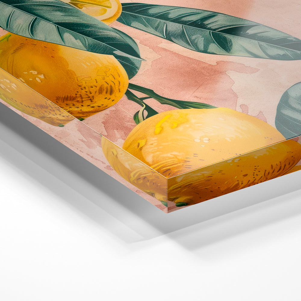 Gros plan de la matière : le tirage sous verre acrylique, tranche transparente visible.