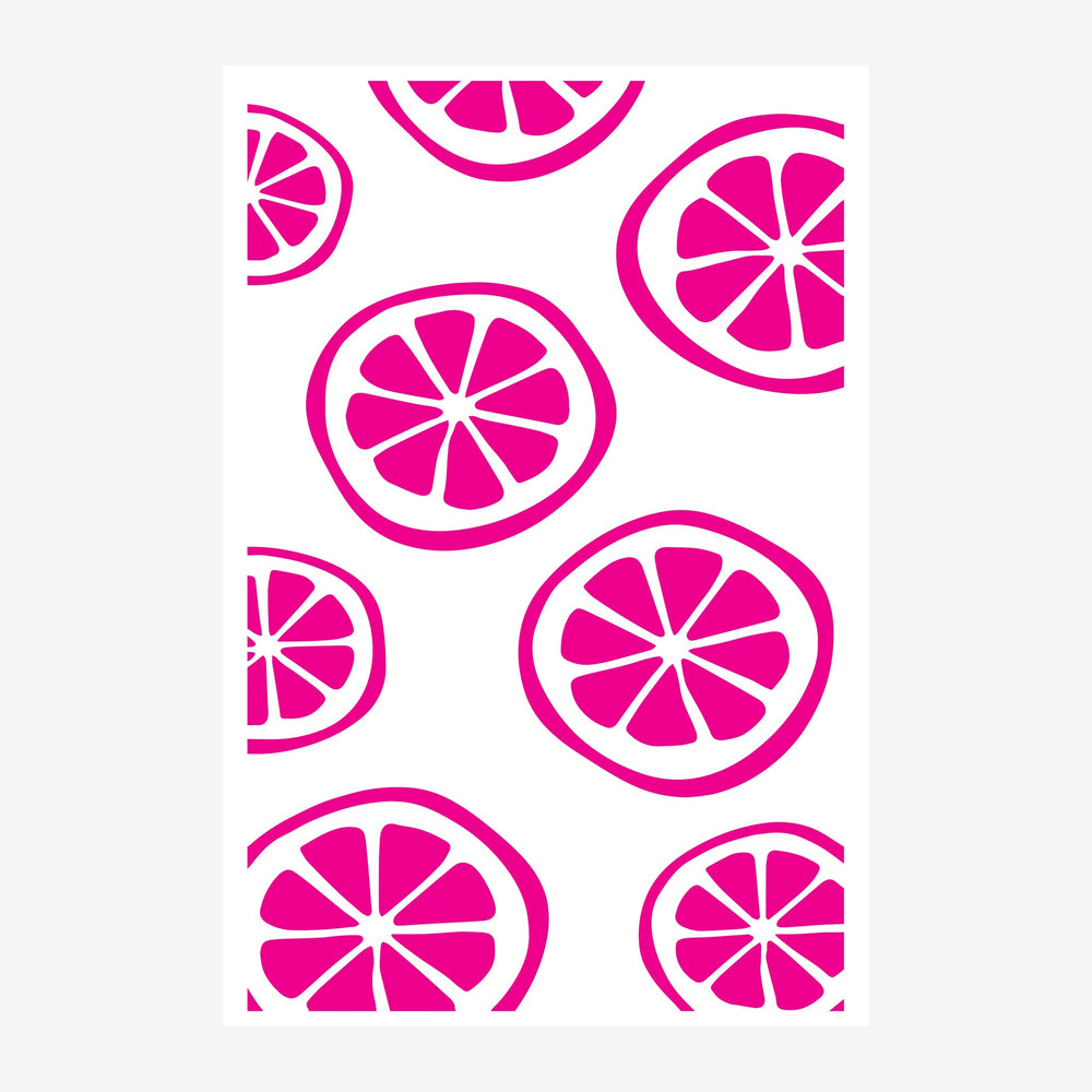 Affiche avec motif répété de citrons rose vif en tranches, aux lignes blanches épaisses, sur fond blanc.