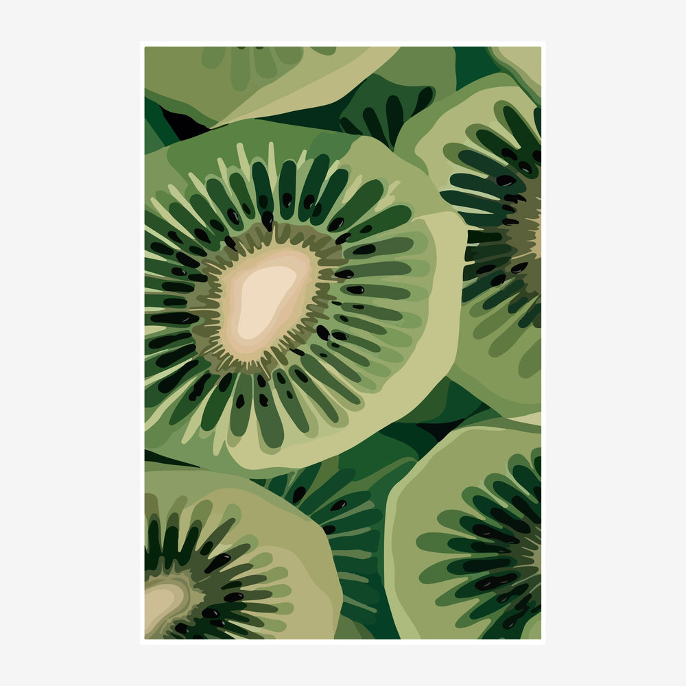 Illustration abstraite de tranches de kiwi entrecroisées aux tons de vert sauge et olive, avec des graines noires stylisées.