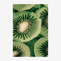 Illustration abstraite de tranches de kiwi entrecroisées aux tons de vert sauge et olive, avec des graines noires stylisées.