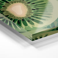 Gros plan de la matière : le tirage sous verre acrylique, tranche transparente visible.