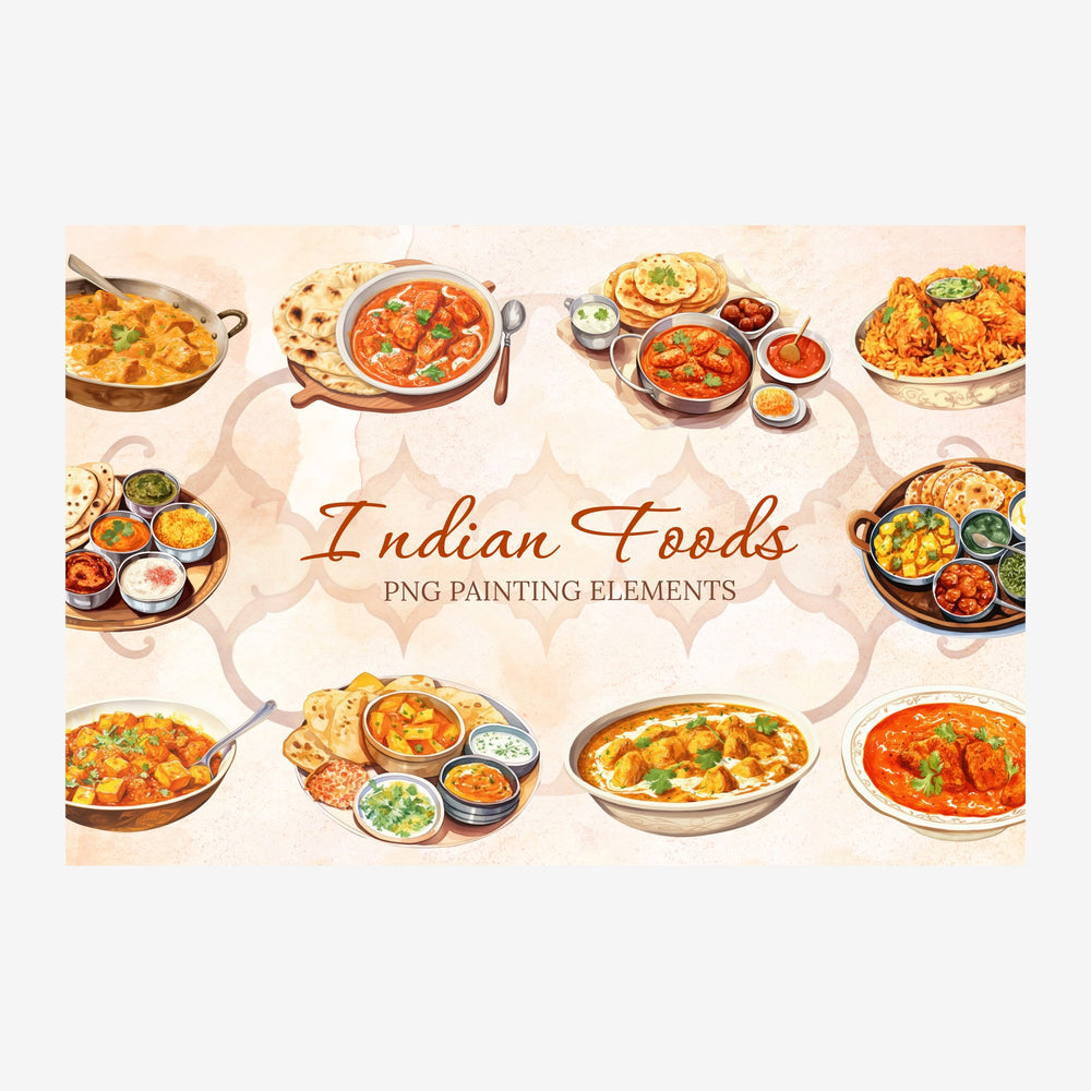 Composition de neuf plats indiens illustrés à l'aquarelle autour d'un texte central « Indian Foods PNG Painting Elements ».