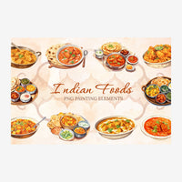 Composition de neuf plats indiens illustrés à l'aquarelle autour d'un texte central « Indian Foods PNG Painting Elements ».