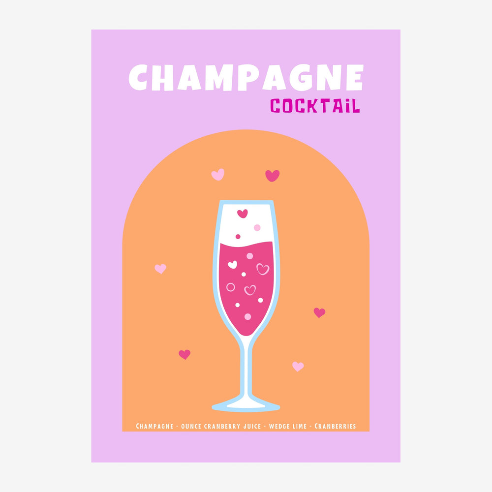 Affiche pop art avec un verre de champagne cocktail rose fuchsia sur fond arche ocre, sur fond général rose lavande.