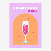 Affiche pop art avec un verre de champagne cocktail rose fuchsia sur fond arche ocre, sur fond général rose lavande.