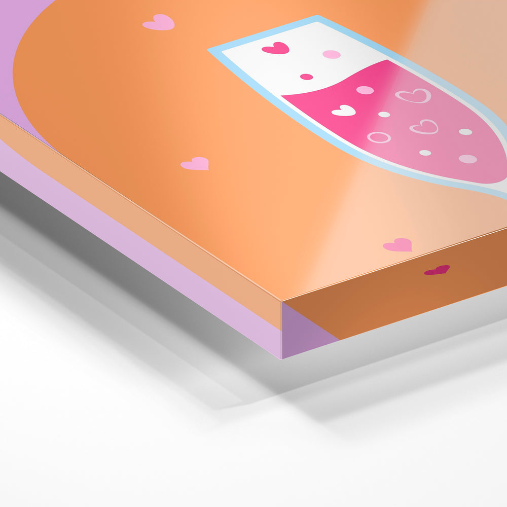 Gros plan de la matière : le tirage sous verre acrylique, tranche transparente visible.