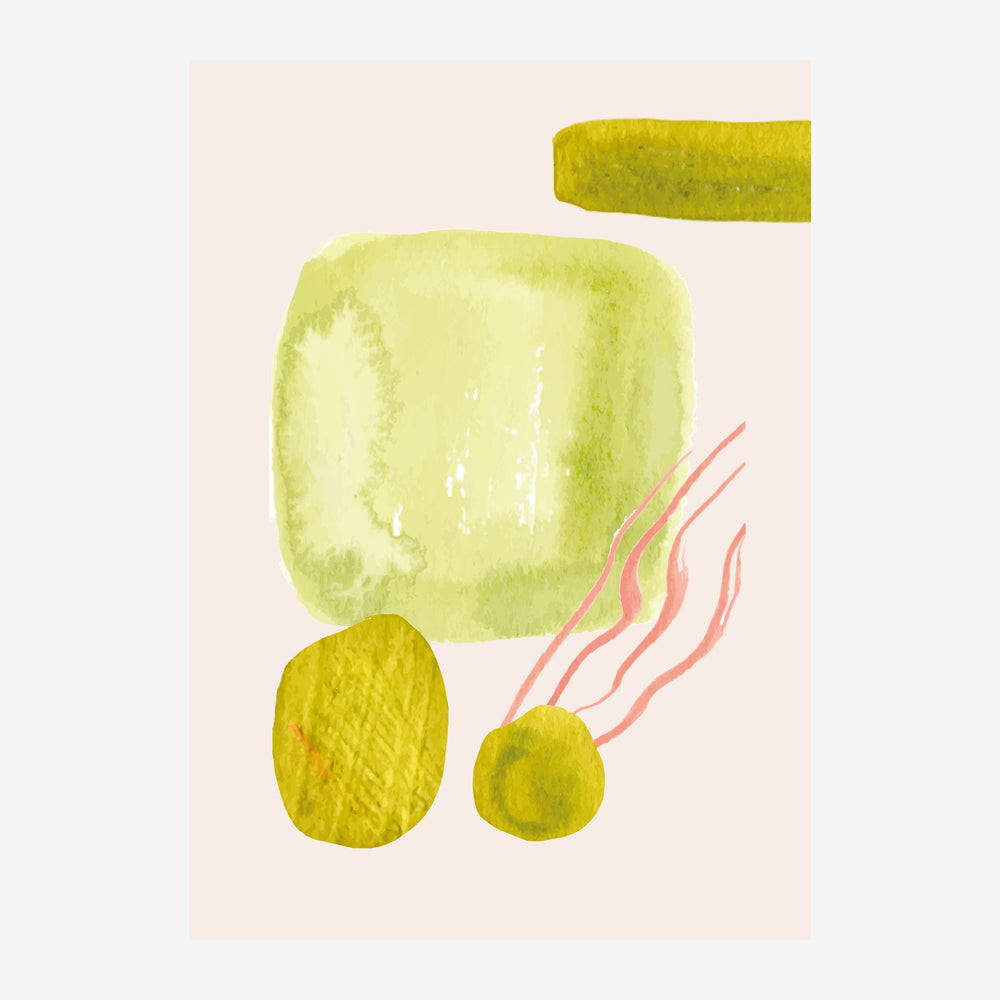Composition abstraite avec un grand carré vert clair, des formes circulaires jaunes et des traits courbes roses sur fond.
