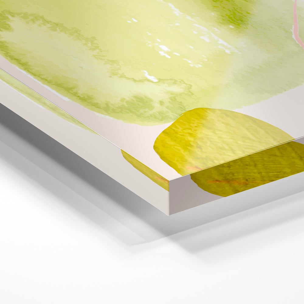 Gros plan de la matière : le tirage sous verre acrylique, tranche transparente visible.