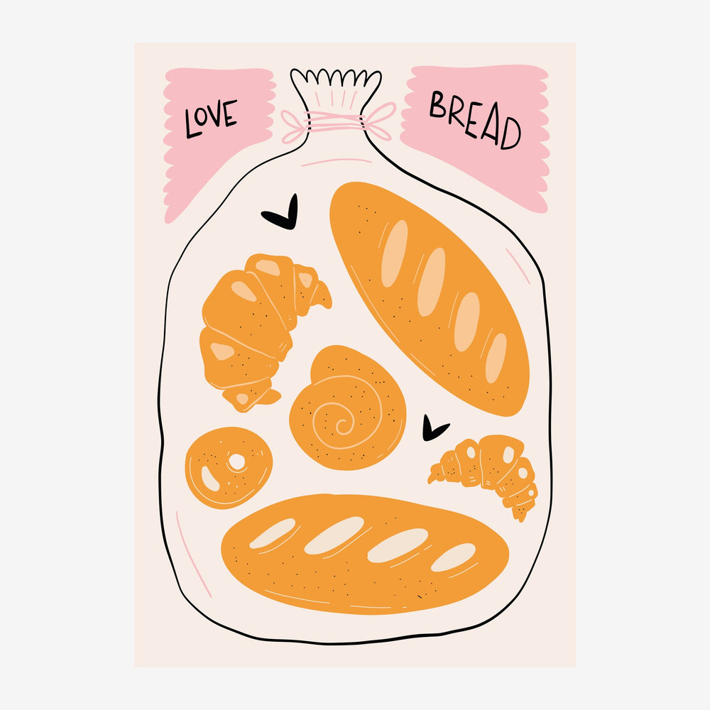 Illustration d'un bocal en verre contenant plusieurs pains et croissants jaune-orangé, avec les mots « LOVE » et « BREAD ».