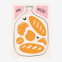 Illustration d'un bocal en verre contenant plusieurs pains et croissants jaune-orangé, avec les mots « LOVE » et « BREAD ».