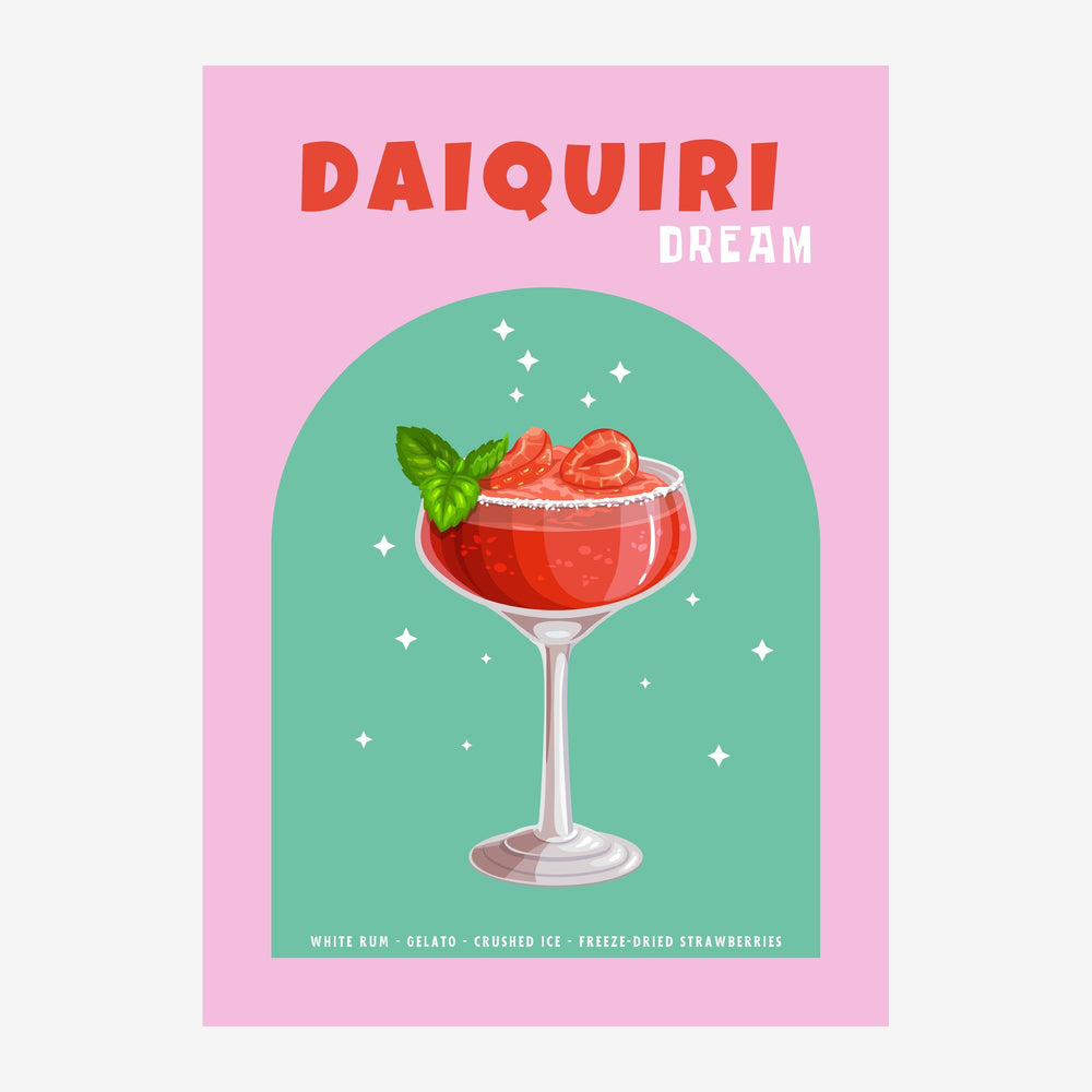Affiche avec un verre de cocktail rouge garni de fraises et de menthe, sur fond vert sauge dans une arche, texte « Daiquiri.