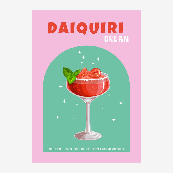 Affiche avec un verre de cocktail rouge garni de fraises et de menthe, sur fond vert sauge dans une arche, texte « Daiquiri.