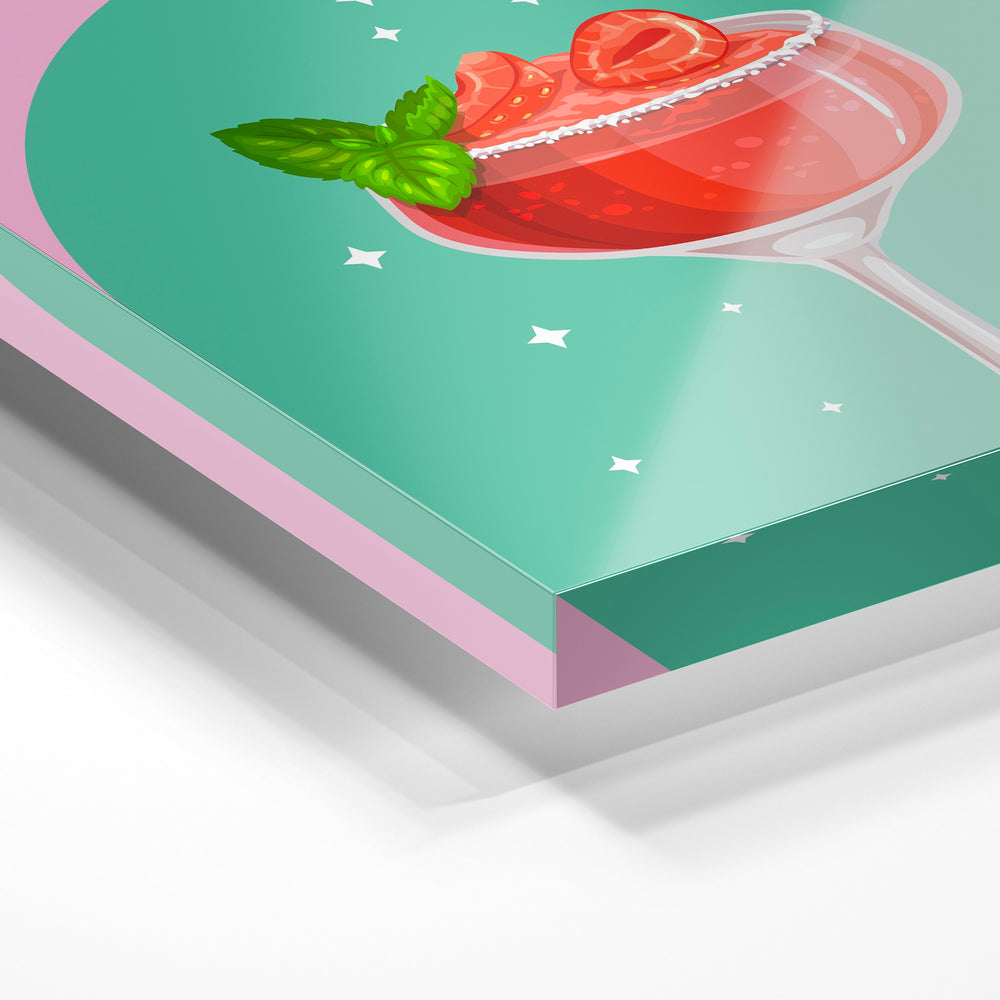 Gros plan de la matière : le tirage sous verre acrylique, tranche transparente visible.