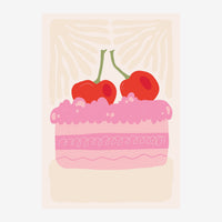 Illustration d'un gâteau rose à plusieurs étages garni de crème blanche et de deux cerises rouges reliées par des tiges.
