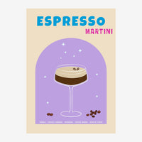 Affiche rétro pop art d'un cocktail Espresso Martini servi dans un verre à martini garni de mousse et de grains de café.