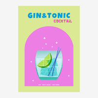 Affiche pop art représentant un verre de gin & tonic avec des glaçons et une tranche de citron vert sur fond rose vif et.