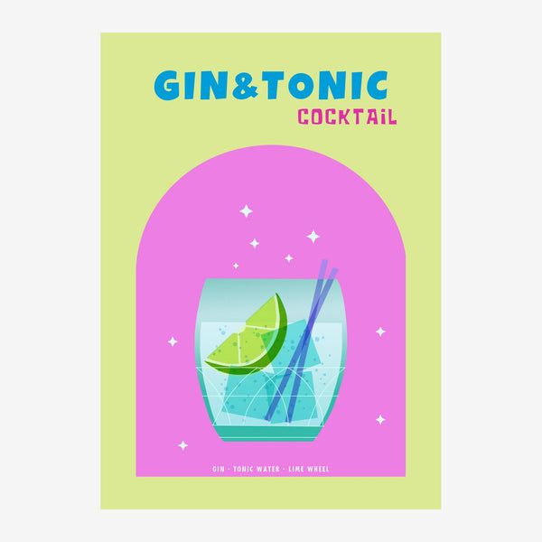 Affiche pop art représentant un verre de gin & tonic avec des glaçons et une tranche de citron vert sur fond rose vif et.