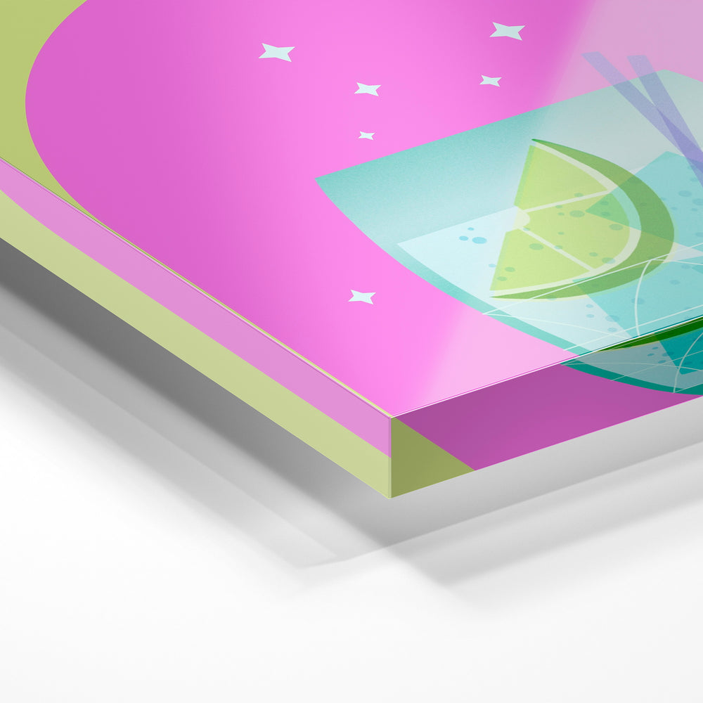 Gros plan de la matière : le tirage sous verre acrylique, tranche transparente visible.