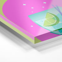 Gros plan de la matière : le tirage sous verre acrylique, tranche transparente visible.
