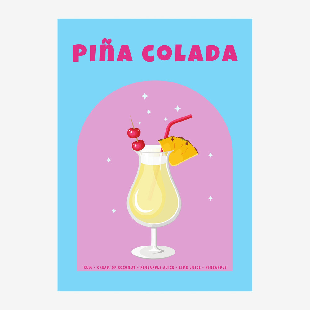Affiche pop art représentant un verre de Piña Colada jaune pâle garni de cerises rouges et d'une tranche d'ananas, sur fond.