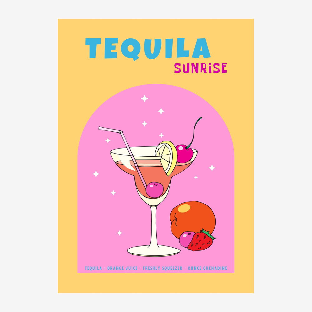 Affiche rétro pop art représentant un verre de cocktail Tequila Sunrise rose et orange, garni d'une tranche de citron et.