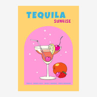Affiche rétro pop art représentant un verre de cocktail Tequila Sunrise rose et orange, garni d'une tranche de citron et.
