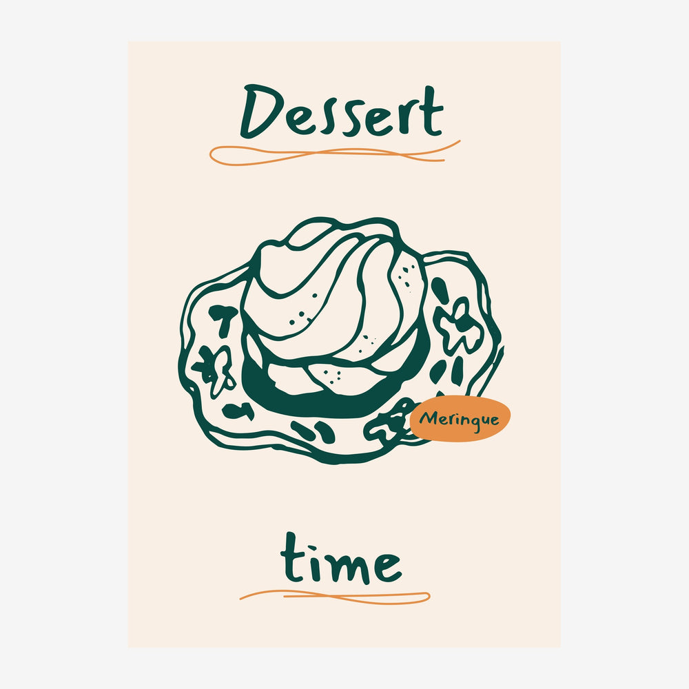 Affiche beige avec illustration minimaliste d'une meringue en trait vert sapin, accompagnée du texte « Dessert time ».