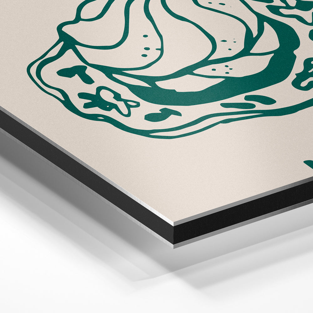 Gros plan de la matière : le tirage contrecollé sur aluminium Dibond mat, tranche visible.