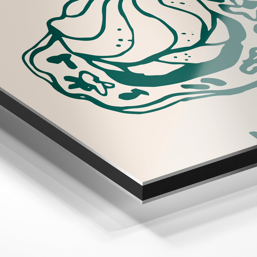Gros plan du relief : la surépaisseur d'encre en lumière rasante sur aluminium Dibond.