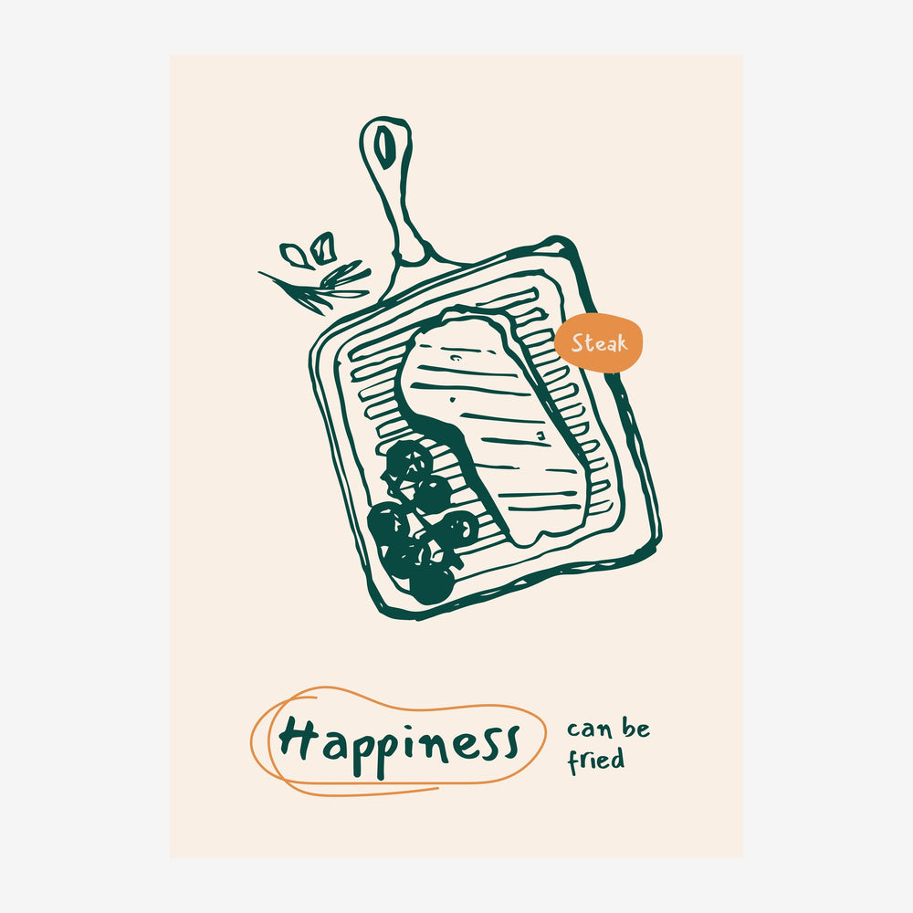 Une poêle carrée avec un steak et des légumes dessinée au trait fin en vert gris sur fond beige, avec le texte « Happiness.