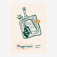 Une poêle carrée avec un steak et des légumes dessinée au trait fin en vert gris sur fond beige, avec le texte « Happiness.