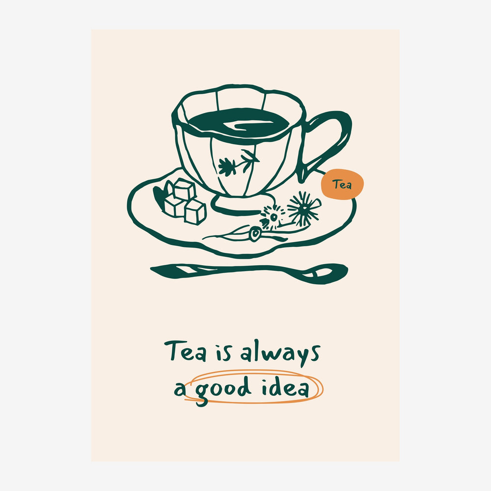 Dessin minimaliste d'une tasse de thé fumante posée sur une soucoupe avec sucres et cuillère, accompagné du texte « Tea is.