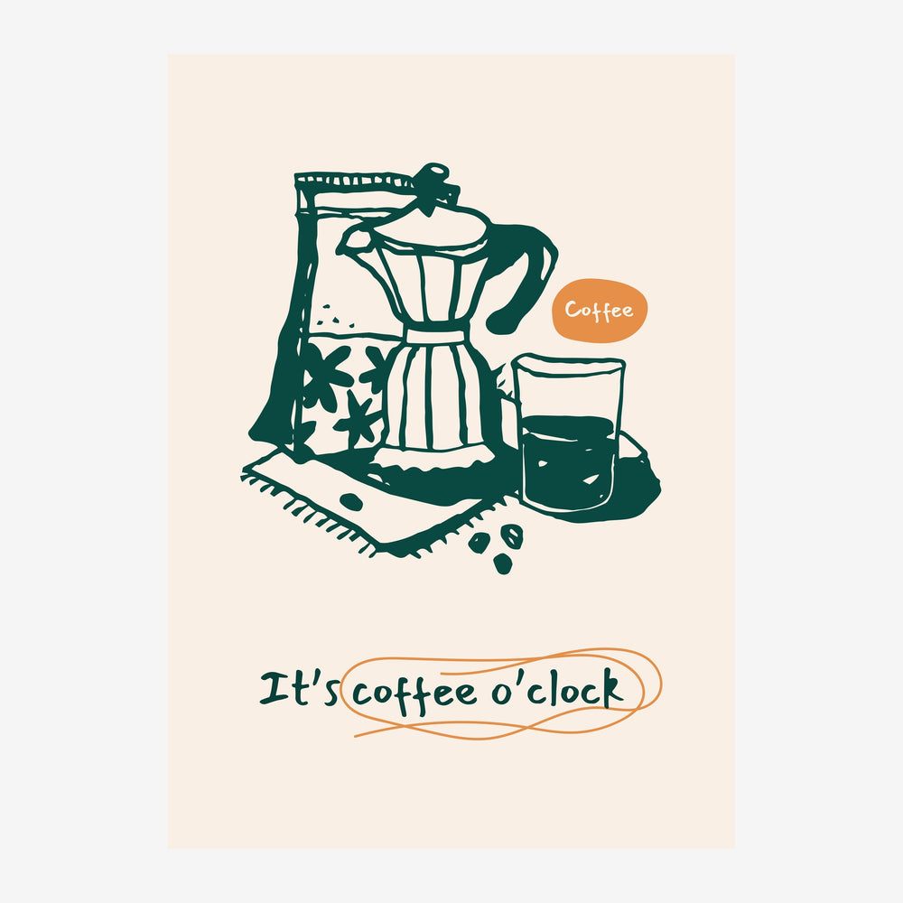Illustration stylisée en vert et beige d'une cafetière Moka, une tasse de café et des grains, avec le texte « It's coffee.